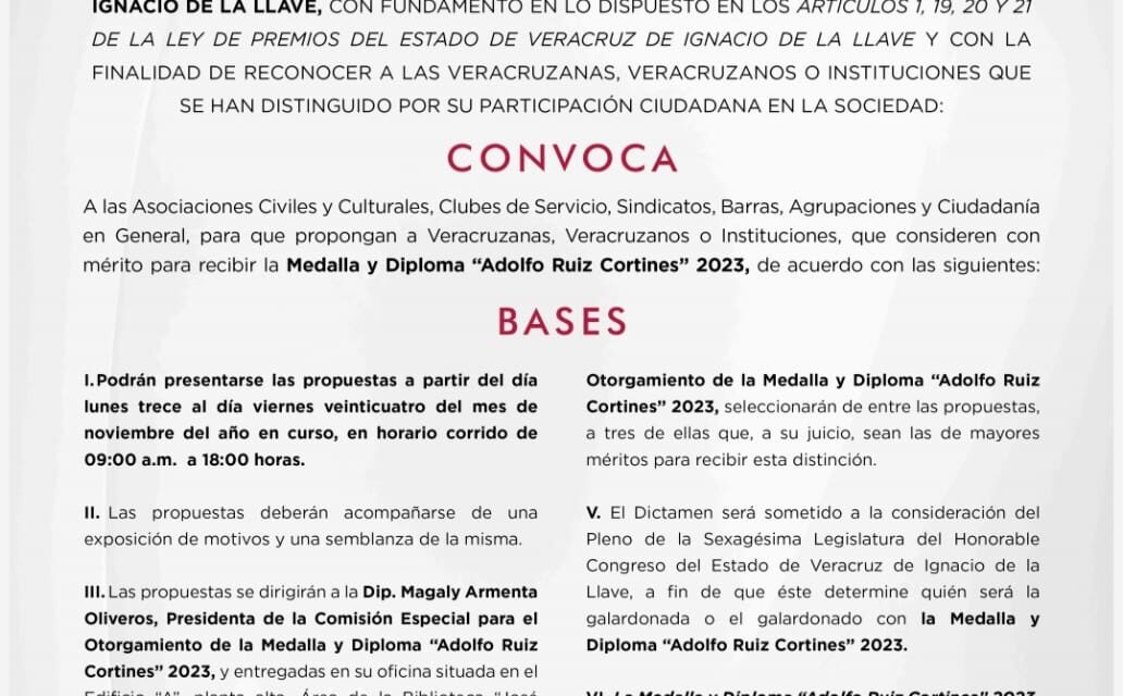 Convocatoria a la medalla Adolfo Ruiz Cortines 2023