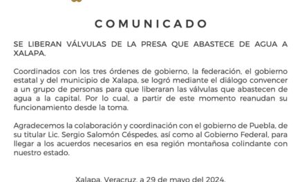 Se liberan válvulas de la presa que abastece de agua a Xalapa