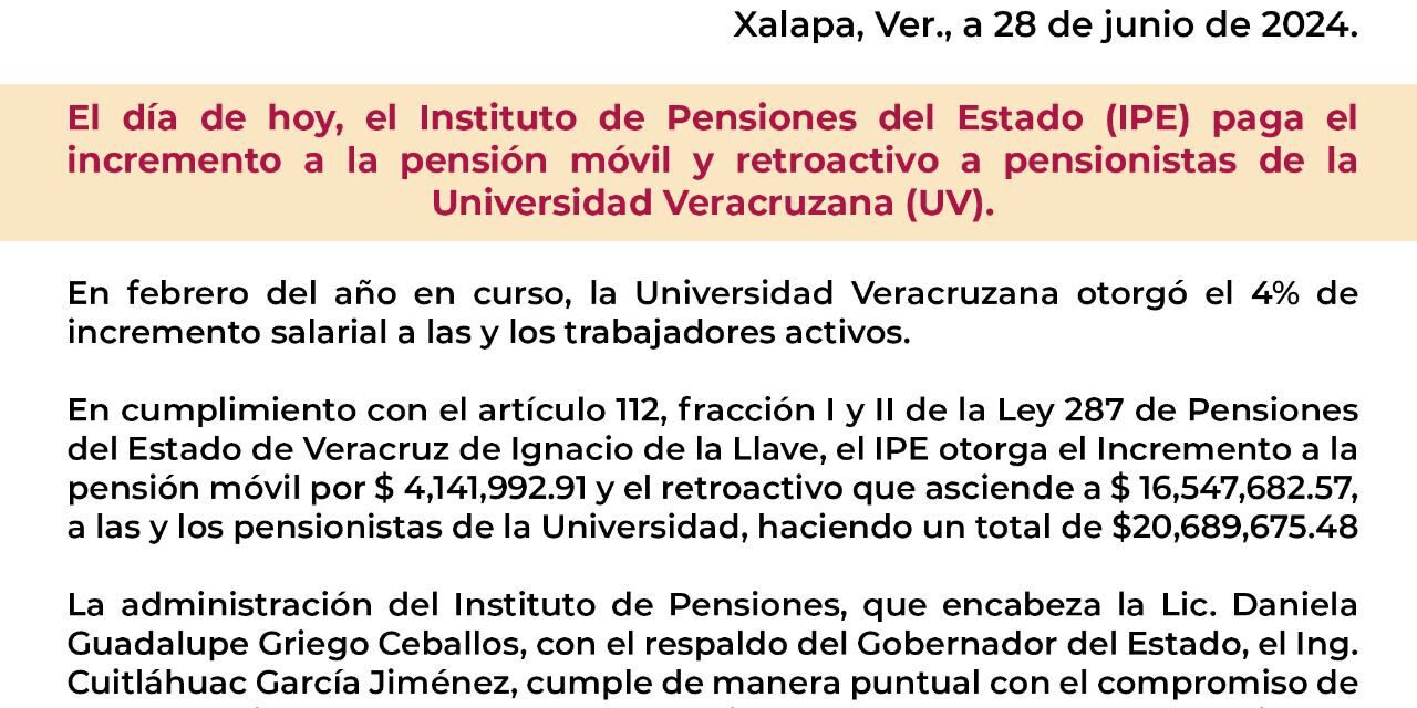 Cumple IPE con pago de pensionados de la UV, así como incremento y retroactivo