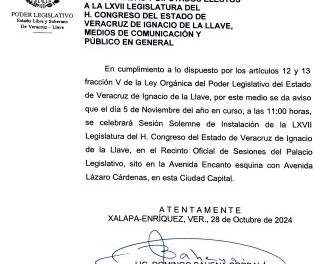 Este 5 de noviembre, inicia funciones la LXVII Legislatura de Veracruz