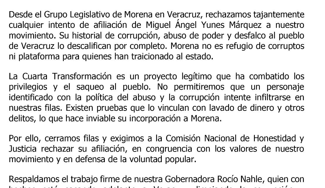 ¡No a la afiliación de Miguel Ángel Yunes Márquez!; rechaza Grupo Legislativo de Morena en Veracruz