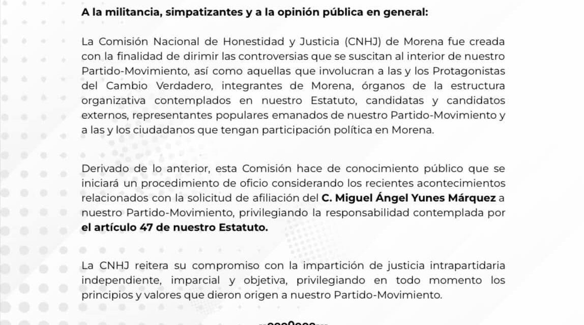 Se pronuncia Comisión Nacional de Honestidad y Justicia de Morena ante solicitud de afiliación de Miguel Ángel Yunes Márquez